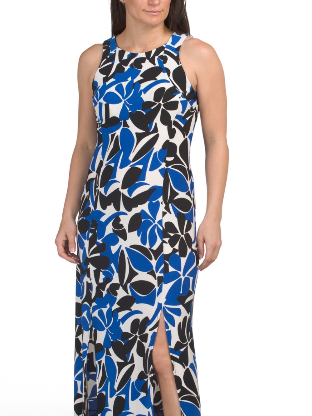London Times Sleeveless Split Leg Maxi Dress Blue Ivory White size 12 NWT
